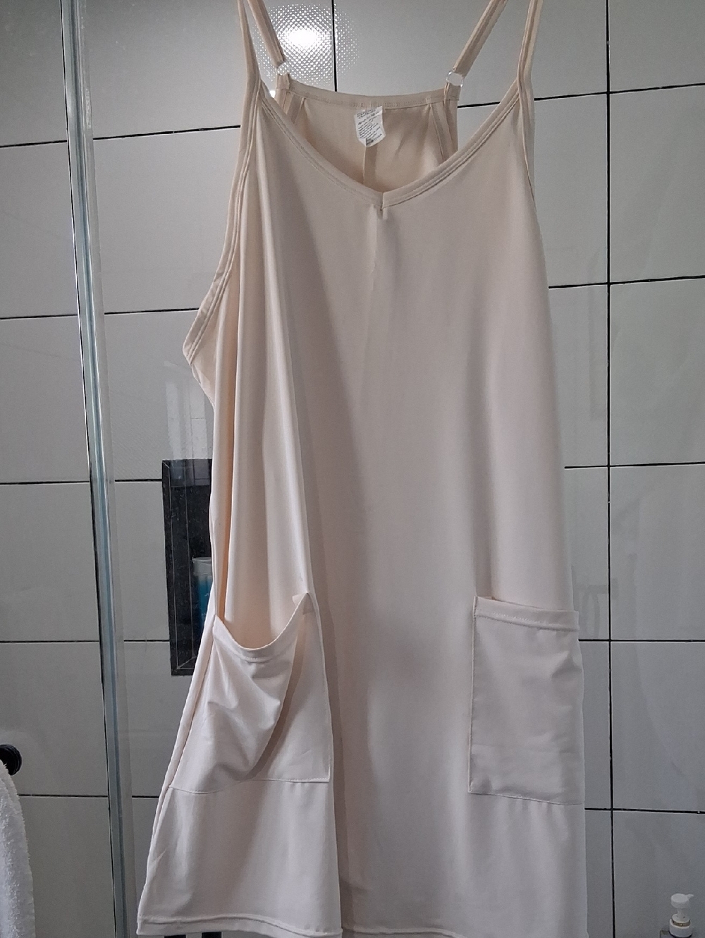 Light Cream Slip On Romper Dress with Large Front Pockets